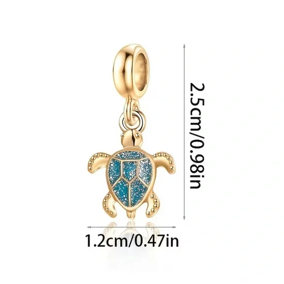 Golden Sterling Silver 925 Turtle Charm Pendant with Sparkling Blue Enamel - Picture 2 of 5